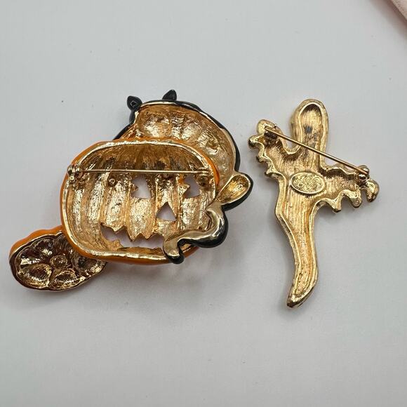 Kirks Folly Halloween Brooches Black Cat with Jack O Lantern & Ghost Festive - Picture 14 of 15